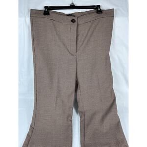Ann Taylor Button Zip Brown Beige Houndstooth Flared Flat Front Dress Pants